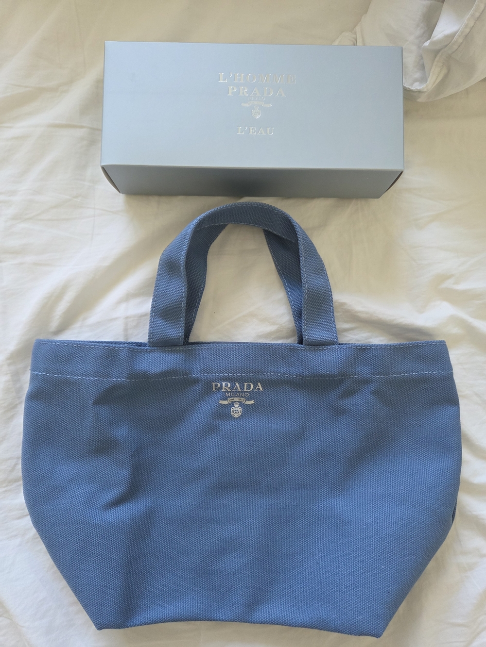 Prada Blue Canvas Small Tote with Twin Top Handles. Brand New.